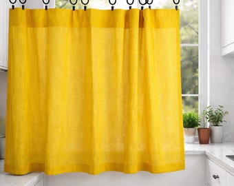 Cortina de café color mostaza de lino para cocina - Panel corto de cortina de café para cocina, tratamiento de ventana de estilo rústico natural, cortina de café que filtra la luz
