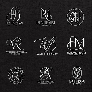 May include: Nine elegant logos in white script on a textured black background. The logos feature stylized initials and brand names like "Hush & Dawn," "Beauté Mist," and "Wax & Beauty." Each design is unique, with varying fonts and layouts.