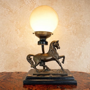 Art Deco Bronze Horse Lamp with Opaline Globe – Vintage Figural Sculpture Light, Restored & Rewired