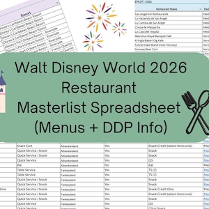 ウォルト・ディズニー・ワールド 2026 レストラン マスターリスト スプレッドシート (メニュー + DDP 情報)
