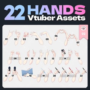 Może przedstawiać: Arkusz zasobów cyfrowych zatytułowany 22 HANDS Vtuber Assets zawierający dwadzieścia dwie numerowane ilustracje jasnoskórych dłoni w różnych pozach, w tym kształty serc, trzymanie smartfonów, długopisów, książki i małych pistoletów zabawkowych.