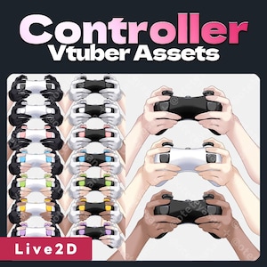 Puede incluir: Una ilustración con mandos de juego de varios colores, sostenidos por manos. El texto "Controller Vtuber Assets" se muestra en la parte superior, con "Live2D" en la parte inferior. Los mandos son negros, blancos y de otros colores.