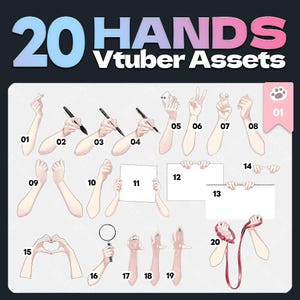Może przedstawiać: Ilustracja przedstawiająca 20 różnych pozycji dłoni, ponumerowanych od 01 do 20. Tekst "20 HANDS Vtuber Assets" jest wyświetlany u góry. Dłonie trzymają różne przedmioty, w tym długopisy, telefon i tablice.