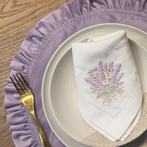 Embroidered Linen Napkin & Ruffled Velvet Placemat Set, Lavender Table Decor, Hostess Gift