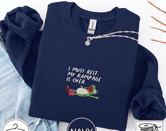 Sudadera bordada "Debo descansar, mi alboroto ha terminado", rana con cita divertida sobre dormir, camiseta de rana, suéter de rana, regalo de rana