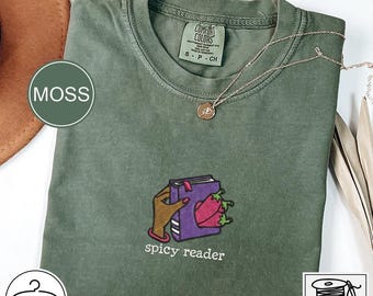 Camiseta bordada con texto "Lector Picante", bonita y cómoda camiseta con colores para amantes de los libros, regalos para amantes de los libros.