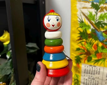 Vintage 1980s USSR Russian Matroyshka Stacking Blocks Wooden Doll