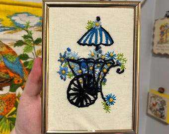 Vintage Inspired Blue Flower Cart Crewel