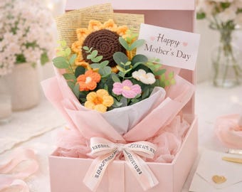 Mother’s Day Crochet Flower Bouquet, Handmade Sunflower Bouquet for Mom, Gift for Mother from Daughter, Cute Small Gift, Forever Flowers