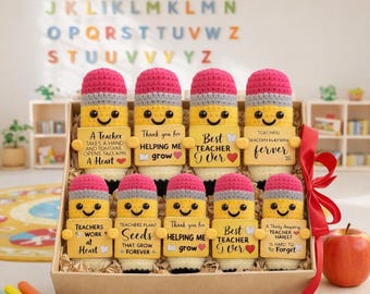 Teacher Gift Set Crochet Pencil, Thank You Teacher Gift, Teacher Appreciation Week Gift, End of School Gift Bundle, Cute Desk Decor Teacher