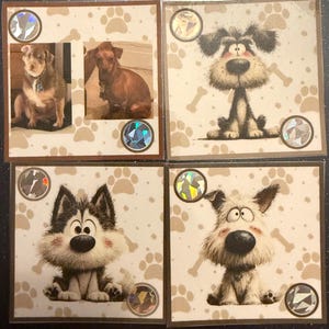 May include: Four square cards featuring dog illustrations and photos. One card shows two real dog photos, while the others display cartoon dogs. Each card has a light background with paw prints and bones, accented by small, circular, iridescent holographic stickers.