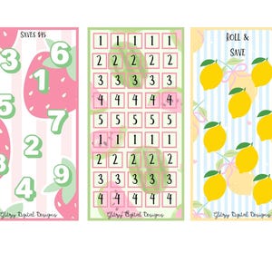 May include: Three rectangular money saving challenge trackers. The first is pink with strawberries and the text SAVES $45. The second has a grid of numbers 1 through 4. The third is blue striped with lemons and the text ROLL & SAVE. All include Glitzy Digital Designs.