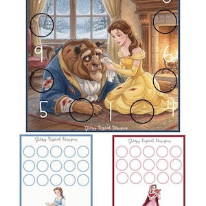 May include: A digital savings tracker featuring an illustration of Belle and the Beast in a snowy room, with numbered circles for tracking. Includes two additional sheets with circles and illustrations of Belle in a blue dress and a pink winter cloak.