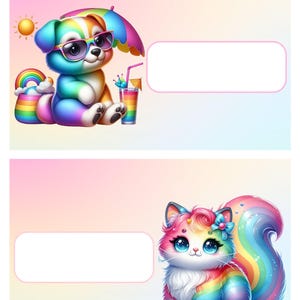 May include: Two colorful cards featuring cartoon animals. The top card shows a rainbow-colored puppy wearing sunglasses, with a rainbow, sun, and drink. The bottom card features a rainbow-colored kitten with a blue bow. Each card has a white rectangular space.