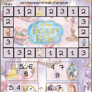 May include: A Disney Beauty and the Beast themed board game with a rectangular path of numbered squares. The center features the movie logo, while the bottom section contains four boxes with numbers and character illustrations including Belle and the Beast.