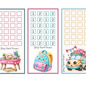 Könnte beinhalten: Drei vertikale rechteckige Diagramme mit weißem Hintergrund und farbigen Rändern. Das erste zeigt einen rosa Schreibtisch mit Schulsachen, das zweite einen blauen Rucksack mit den Zahlen 1 und 2 in Gitterfeldern und das dritte einen gelben Schulbus.