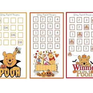 May include: Three rectangular digital design sheets featuring Winnie the Pooh characters with Halloween themes. Each sheet includes grids with numbers or codes, pumpkin illustrations, and the text Glitzy Digital Designs at the top.