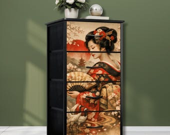 Japanese Bedroom Dresser Elegant Geisha Print Furniture Storage Tower Four Drawer Chest Organizer Cherry Blossom Art Design Oriental Crane