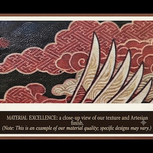 May include: A textured material surface featuring a graphic print of cream-colored feathers against a background of dark black and deep red stylized clouds. The text reads: MATERIAL EXCELLENCE: a close-up view of our texture and Artesian finish. (Note: This is an example of our material quality; specific designs may vary.)