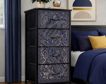 Designer Dresser Blue Gold Chest Bedroom Storage Organizer Cabinet Art Deco Colorful Unique Bohemian Four Drawer Furniture Decorative