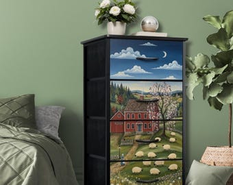 Fabric Drawer Dresser Farmhouse Bedroom Storage Chest Cottagecore Decor Country Style Cabinet Organizer Bin Nightstand Landscape Liner
