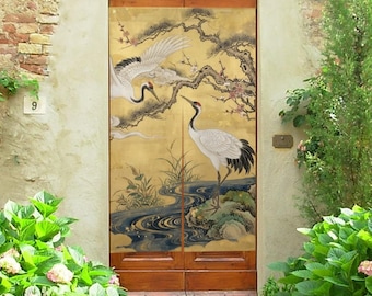 May include: A rectangular fabric door curtain featuring a gold background with a printed scene of two white cranes with black wing tips and red crowns. The design includes a dark blue flowing stream, green reeds, and a gnarled tree with pink blossoms.