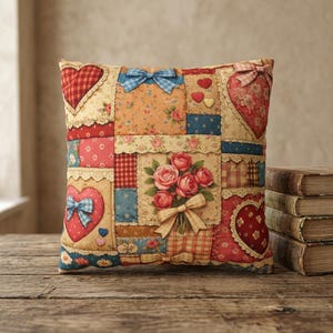 Square Pillowcase Patchwork Heart Rose Bouquet Design Girl Bedroom Decor Family Room Pillow Cover Feminine Cozy Accessory Vintage Home