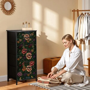 Elegant Floral Furniture Botanical Rose Design Dresser Four Drawer Storage Cabinet William Morris Inspired Bedroom Organization Vintage Garden Whimsical Style Bird Pattern Chest Artistic Home Furniture Nature Design Storage Solution Bedroom
