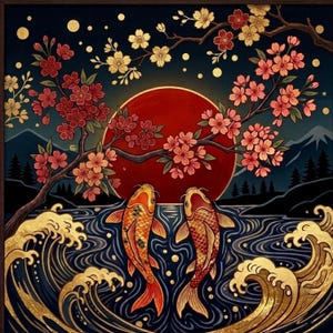 May include: A square wall art print featuring two orange and gold koi fish swimming in dark blue water with stylized gold waves. Above the fish, a large red sun sits behind a cherry blossom branch with pink and white flowers against a dark sky.
