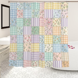 May include: A shower curtain featuring a patchwork design of square fabric panels. The pattern consists of alternating squares with floral prints, gingham checks, and vertical stripes in pastel shades of pink, yellow, blue, green, and purple.
