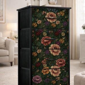 Botanical Art Furniture Rose Design Dresser Four Drawer Storage Cabinet Bedroom Organization Solution William Morris Style Vintage Garden Whimsical Bird Pattern Floral Chest Elegant Home Storage Artistic Nature Inspired Furniture Bedroom