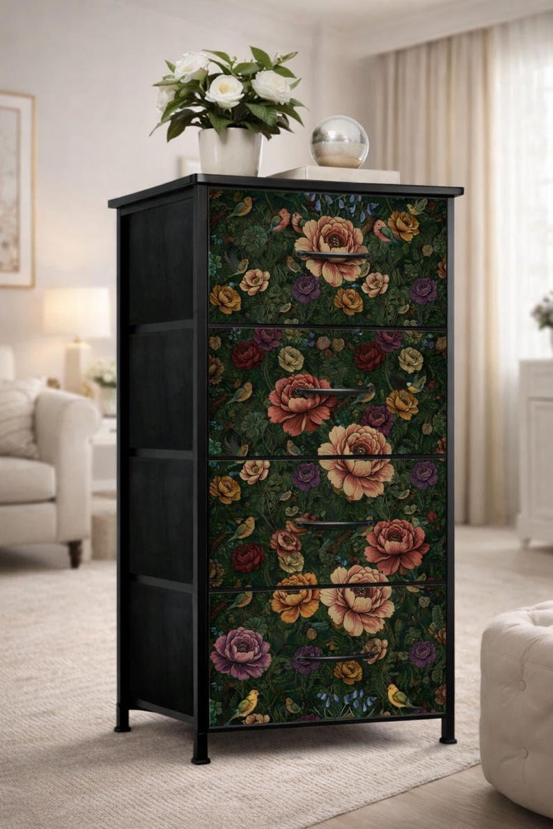 Botanical Art Furniture Rose Design Dresser Four Drawer Storage Cabinet Bedroom Organization Solution William Morris Style Vintage Garden Whimsical Bird Pattern Floral Chest Elegant Home Storage Artistic Nature Inspired Furniture Bedroom