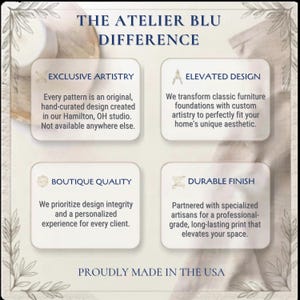 May include: An informational graphic titled THE ATELIER BLU DIFFERENCE with four sections: EXCLUSIVE ARTISTRY, ELEVATED DESIGN, BOUTIQUE QUALITY, and DURABLE FINISH. Each section contains descriptive text about furniture design services, ending with PROUDLY MADE IN THE USA.