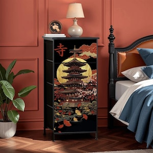 Temple Design Furniture Japanese Pagoda Dresser Four Drawer Cabinet Cherry Blossom Moon Art Oriental Asian Chest Zen Meditation Space Storage Bedroom Organizer Men Gift Steel Construction Traditional Style Elegant Home Accent Living Room