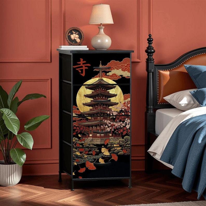 Temple Design Furniture Japanese Pagoda Dresser Four Drawer Cabinet Cherry Blossom Moon Art Oriental Asian Chest Zen Meditation Space Storage Bedroom Organizer Men Gift Steel Construction Traditional Style Elegant Home Accent Living Room