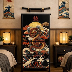 May include: A tall black dresser featuring a multi-drawer design with a continuous graphic print of a red and gold dragon amidst blue and white stylized waves, a yellow sun, and red clouds, with the Japanese kanji for dragon and power displayed.