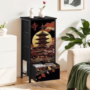 Asian Chest Storage Four Drawer Cabinet Japanese Pagoda Dresser Temple Design Cherry Blossom Moon Art Zen Home Organizer Bedroom Furniture Men Gift Steel Construction Oriental Style Elegant Traditional Piece Living Room Accent Meditation