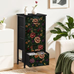 Four Drawer Storage Cabinet Bedroom Dresser Botanical Art Furniture Rose Design Pattern William Morris Inspired Vintage Garden Style Organization Solution Whimsical Bird Motif Elegant Floral Chest Home Furniture Artistic Nature Design
