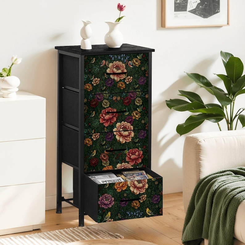 Four Drawer Storage Cabinet Bedroom Dresser Botanical Art Furniture Rose Design Pattern William Morris Inspired Vintage Garden Style Organization Solution Whimsical Bird Motif Elegant Floral Chest Home Furniture Artistic Nature Design