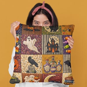 May include: A square throw pillow featuring a patchwork design with Halloween motifs including a ghost, a haunted house, a black cat, a raven on a tombstone, potion bottles, candy corn, and a stack of books labeled Spells and Potions.