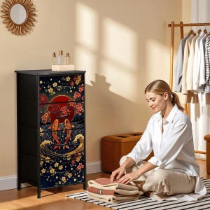 Japanese Furniture Storage Cabinet Bedroom Dresser Men Gift Unique Japandi Cherry Blossom Art Asian Inspired Minimalist Design Decor Koi image 9