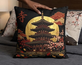 Pagoda Pillow Cover Temple Pillowcase Japanese Decor Asian Home Gold Moon Design Oriental Bedroom Accent Cushion Zen Living Room Sofa