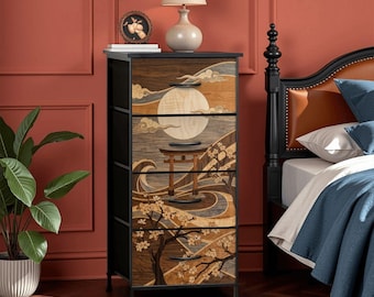 Japandi Bedroom Dresser Cherry Blossom Art Storage Chest Moon Design Wave Torii Gate Furniture Minimalist Wood Asian Cabinet Decor Small