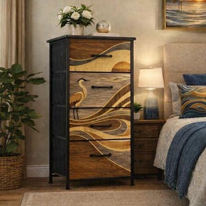 May include: A tall, narrow chest of drawers featuring a black metal frame and four drawers with a wood-grain finish. The drawer fronts display a continuous, stylized graphic of a crane bird and flowing, wave-like patterns in shades of brown and tan.