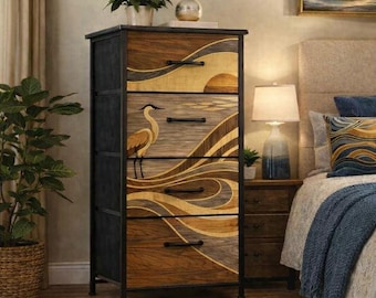 Japanese Bedroom Dresser Tall Narrow Storage Unit Fabric Drawer Organizer Chest Wave Pattern Crane Artwork Furniture Asian Style Cabinet