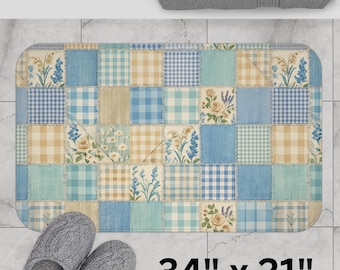 Tappetino da bagno a quadretti blu con stampa floreale, tappeto patchwork con fiori, decorazione in stile cottage