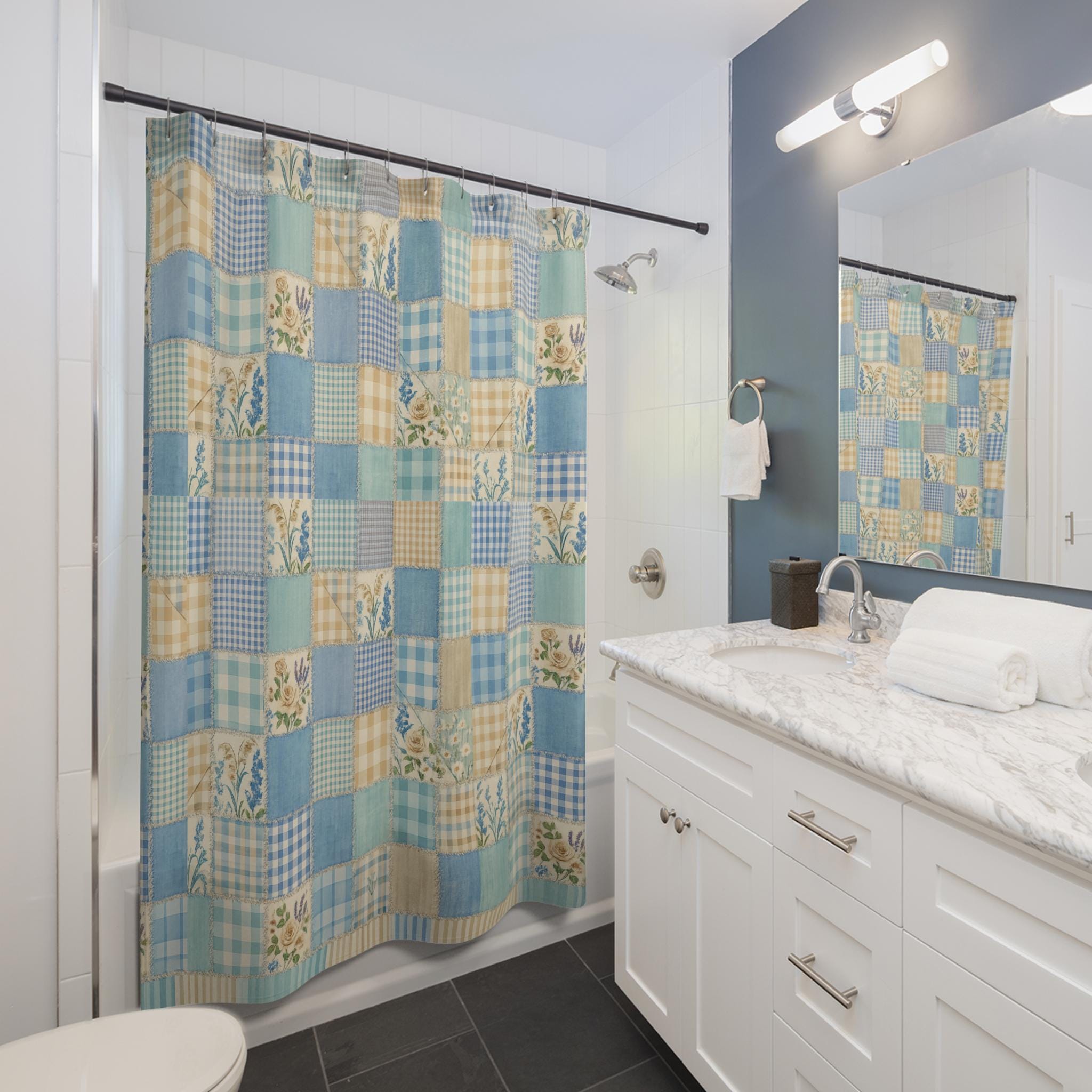 Blue Gingham Floral Bathroom Shower Curtain Plaid Quilted Bath Panel