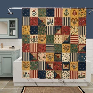 May include: A shower curtain featuring a patchwork quilt design with various square blocks. The pattern includes motifs of hearts, tulips, pomegranates, peacocks, and geometric stripes in a color palette of navy blue, deep red, mustard yellow, and green.