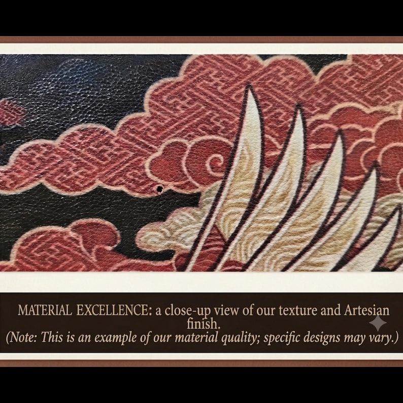 May include: A textured material surface featuring a graphic print of cream-colored feathers against a background of dark black and deep red stylized clouds. The text reads: MATERIAL EXCELLENCE: a close-up view of our texture and Artesian finish. (Note: This is an example of our material quality; specific designs may vary.)