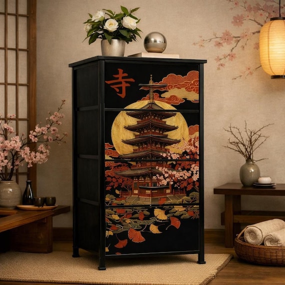 Japanese Pagoda Dresser Four Drawer Cabinet Zen Home Decor Cherry Blossom Art Furniture Temple Moon Design Oriental Asian Chest Men Gift